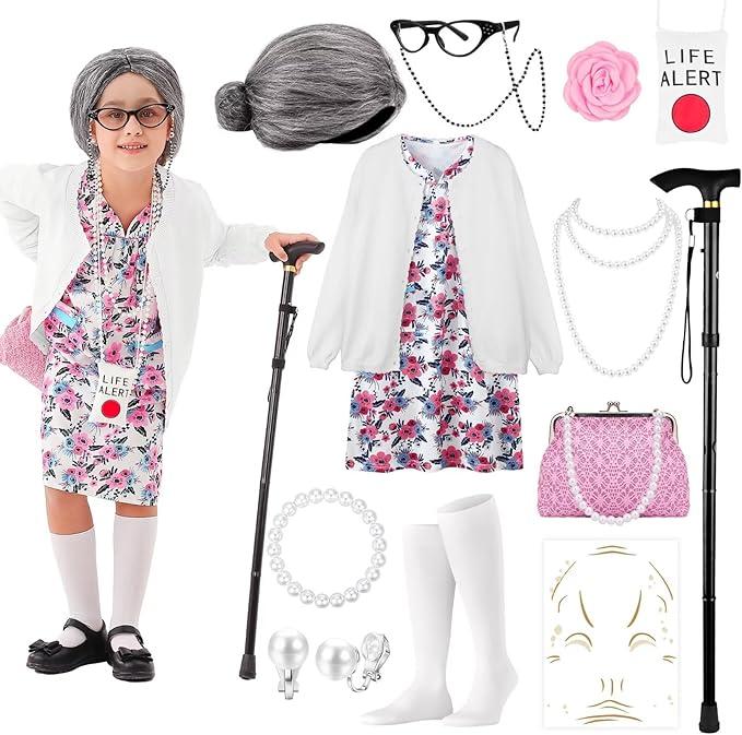 100 Days of School Old Lady Costume Set with Granny Dress Cardigan Old Lady Wig Glasses Grandma Dress Up Outfits(Size 150,White)