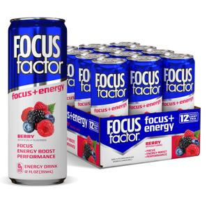 Focus Factor Energy Drink - 12 x 355ml Cans (Berry Flavour) - with Focus + Energy - Lightly Carbonated, Sugar Free, Low Calorie with Vitamins B6 & B12