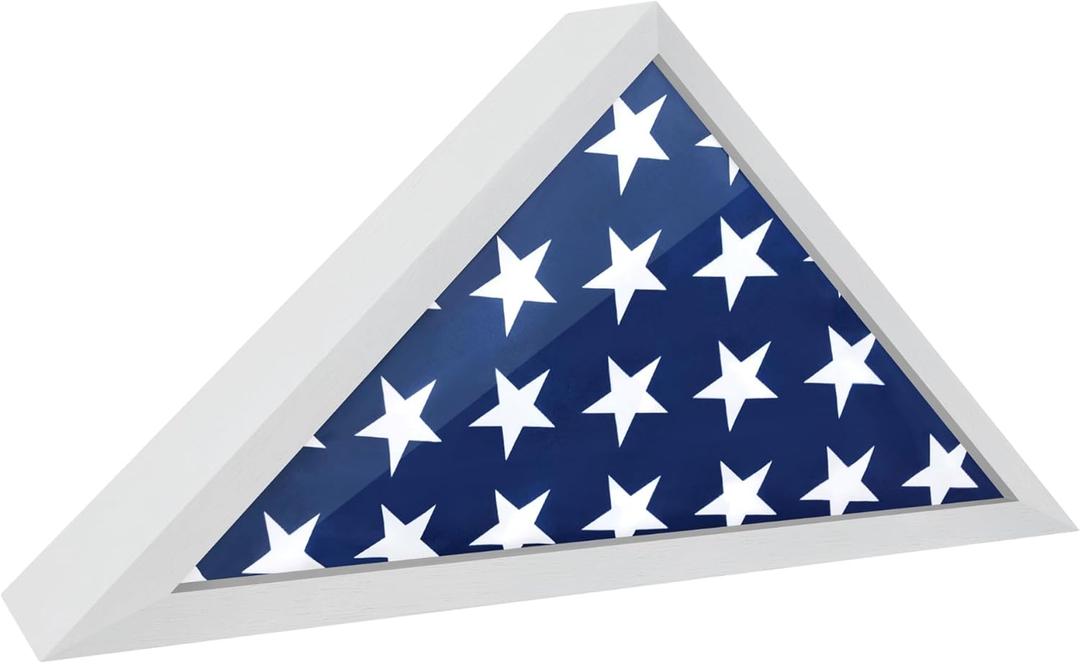 Flag Case for American Veteran Burial Flag Solid Wood Military Flag Display Case Funeral Flag Flag Shadow Boxes to Fit a Folded 5'x9.5' American Flag with Polished Plexiglass (White)