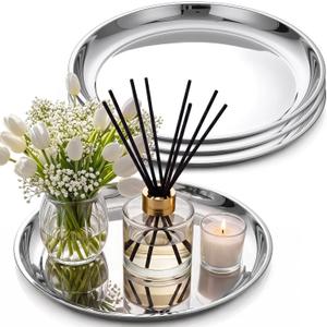 4 Pack Round Silver Mirror Decorative Trays 16" Diameter Stainless Steel
