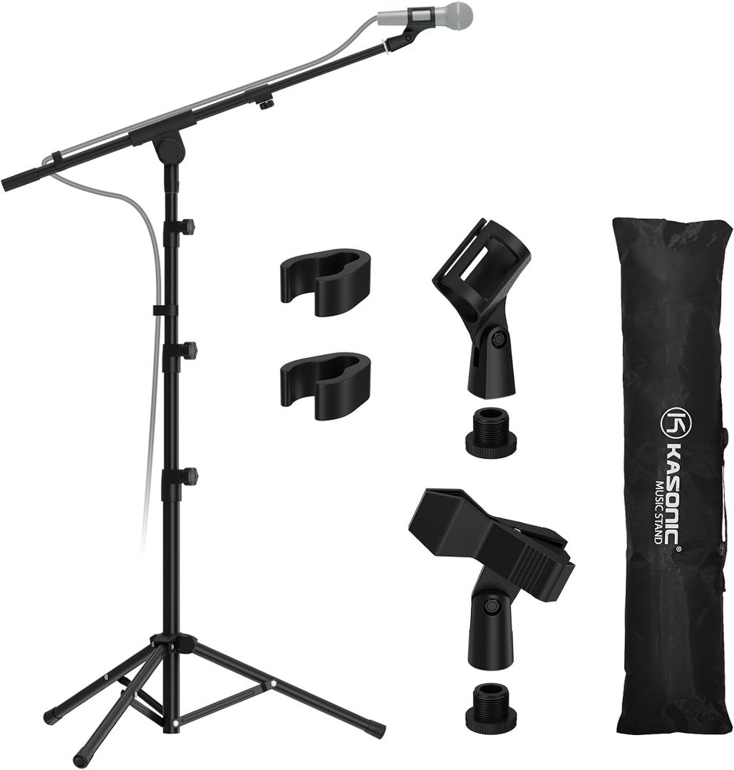 K KASONIC - Microphone Stand, Adjustable Collapsible Tripod Boom Mic Stands with Mic Clip Holder for Performance, Karaoke Singing, Speech, Wedding, Stage and Outdoor Activity, Black
