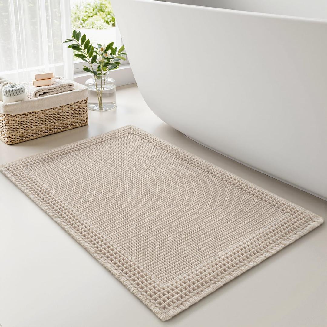 RESARE Waffle Bath Mat, Super Absorbent Non Slip, Machine Washable, Ultra Soft Boho Bath Rugs with Tassels, Upgraded Bordered Design, 17"x24" Pale Beige
