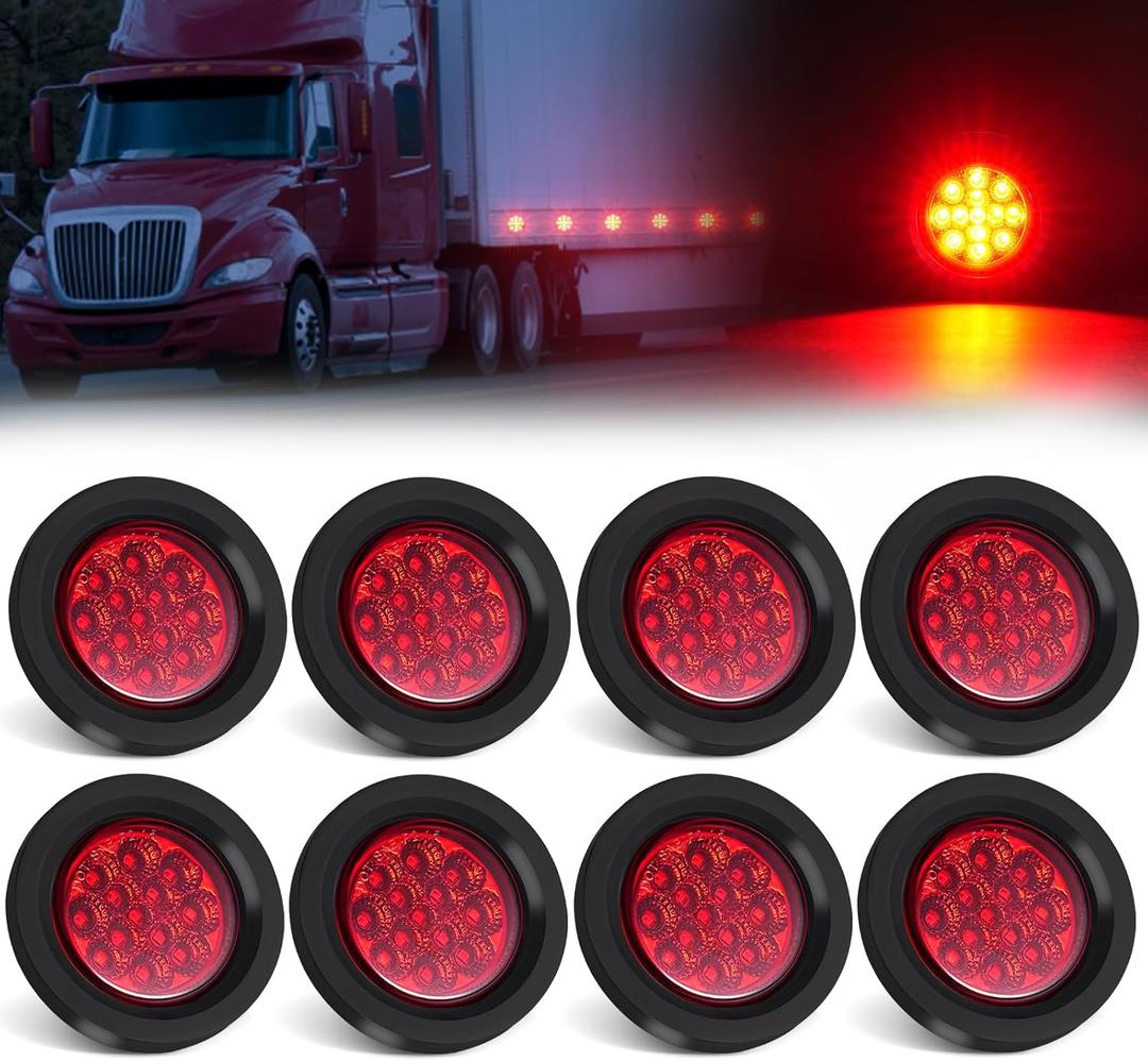 8Pcs 2.5 Inch Red Round 13 LED Side Marker Clearance Lights with Light Grommet and 2-prong Wire Pigtail for Trailer Truck RV, Flush Mount, 12V, IP67 Waterproof