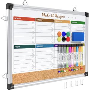Marsrock Weekly Dry Erase Board and Cork Board Combo for Wall, 17"x13" Reversible Hanging Dry Erase Board, Double Sided White Board with Aluminum Frame for Planning, Office, Kitchen, School, Home