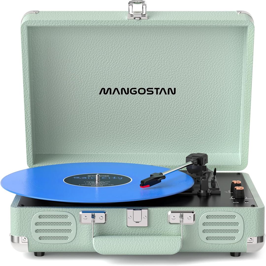 Bluetooth Vinyl Record Player, 3-Speed Portable Turntable with Built-in Bass Speakers, Belt-Driven Suitcase LP Player Supports AUX-in, RCA Line Out & Headphone Jack, Green
