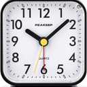 Peakeep Small Battery Operated Analog Travel Alarm Clock Silent No Ticking, Lighted on Demand and Snooze, Beep Sounds, Gentle Wake, Ascending Alarm, Easy Set (Black)
