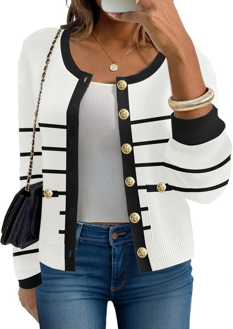 Women's 2024 Casual Long Sleeve Cardigan Crewneck Button Down Open Front Loose Knit Sweater Jackets Coat S