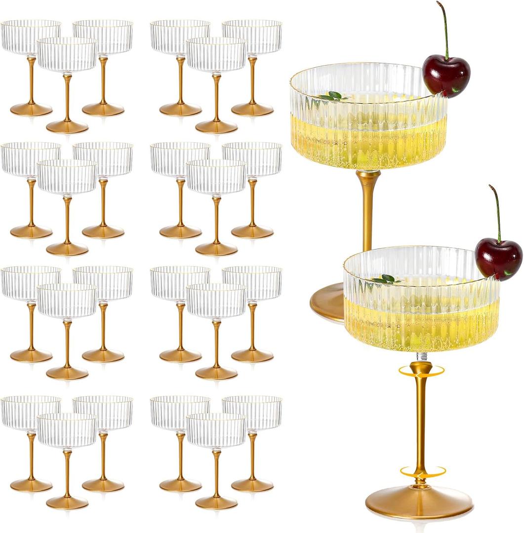 XUWAIDSGN 50 Pcs Champagne Martini Glasses 9 Oz with Gilded Removable Gold Rim Coupe Glasses Pink Martini Glasses Plastic Mimosa Vintage Coupe Glasses Set For Wedding Anniversary (50, Ribbed Gold)