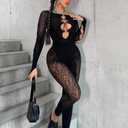 Womens Sexy Off Shoulder Leopard Mesh Jumpsuit Rhinestone Cutout One Piece Lace Bodysuit Nightclub Party Outfits (Black, XL)