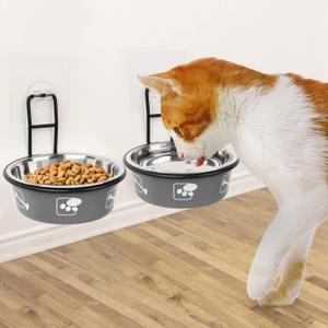 Torlam Elevated Pet Bowls, Wall Mounted Cat Food Dish, Raised Cat Food and Water Bowls, Stainless Steel Elevated Pet Bowls with Stand, Nonslip No Spill Pet Feeding Bowls (2 Packs) (Grey)