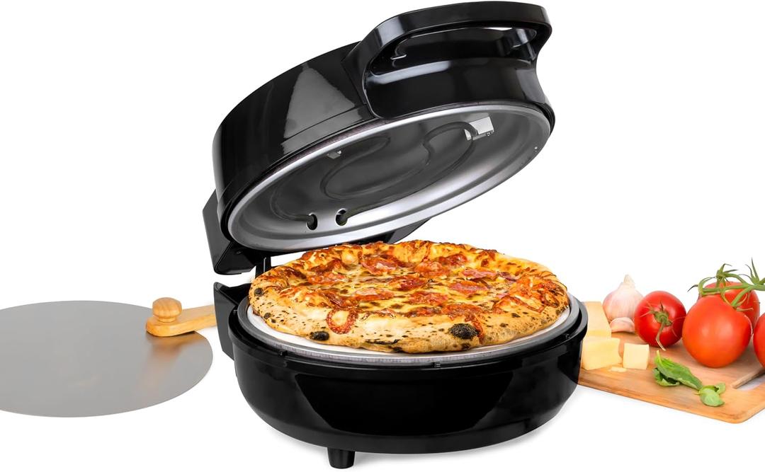 Homecraft Stone Baked Pizza Oven – 12in Woodfired Style Indoor Electric Countertop Pizza Maker – Ceramic Stone & Stainless Steel Peel – Variable Temp Control to 750°F – Homemade Pizza in Minutes-Black