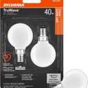 SYLVANIA LED TruWave Natural Series Dcor Globe G 16.5 Light Bulb, 40W Equivalent, 4.5 Efficient, Candelabra Base, Dimmable, 350 Lumens, 2700K, Frosted, Soft White - 2 Pack (40797)