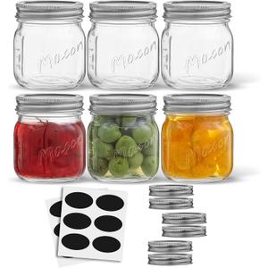 JoyJolt 8 Oz Mason Jars With Lids, Labels and Measures! 6-Pack Regular Mouth Mason Jars, Glass Jar with Lid and Band. Airtight Canning Jars, Overnight Oats Jars, Salad Jars, Sourdough Starter Jar