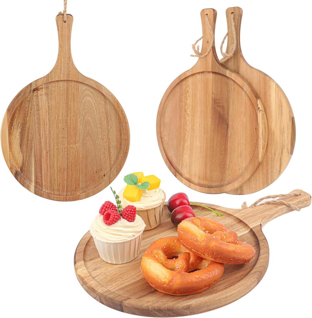 4 Pack 14 Inch Round Wooden Cutting Board with Handle, 14 Inch Acacia Wood Pizza Board, Acacia Wood Pizza Peel for Kitchen Decor and Charcuterie,Cheese,Bread & Meat