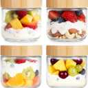 4-pack 10oz Overnight Oats Containers with Bamboo Lids, Wide mouth Mason Salad jars, Glass Jars with Airtight Lids for Meal Prep, Glass Food Storage Container for Snack Yogurt Sugar Spice
