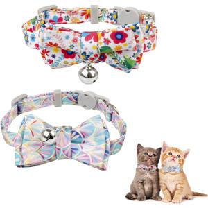 2 Pack Breakaway Cat Collar with Bow Tie and Bell for Kitten Adjustable Safety Collars with Removable Bowtie Flowers
