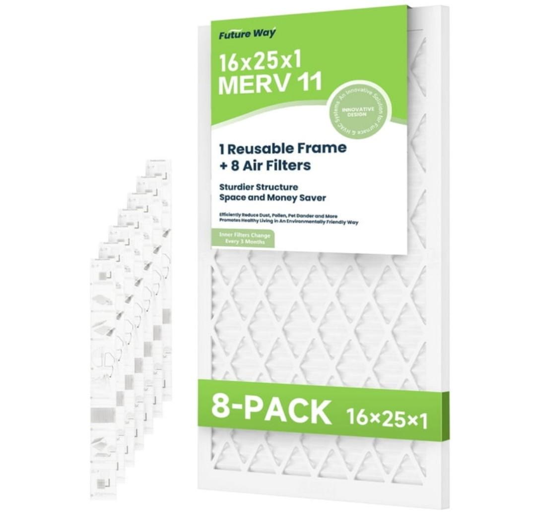 FRESHLAB 16 x 25 x 1 Air Filter for AC HVAC Furnace, MERV 11, MPR 1000, Assembly Kit with 1 Reusable ABS Frame & 8 Filters, Actual Size: 15.7" x 24.7" x 0.8