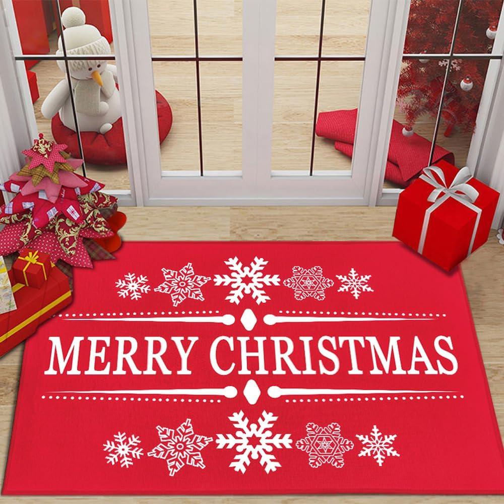 Merry Christmas Red Snowflakes Doormat 36x24 Inch, Xmas Front Door Welcome Mats, Outdoor Christmas Door mat, Non-Slip Indoor Entrance Christmas Floor Mats, Holiday Winter Door Mat for Home Decoration.