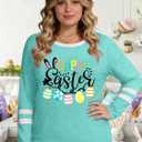 Plus Size Easter Shirts for Women Cute Bunny Rabbit Graphic Shirt Happy Easter Long Sleeve Tees Tops (Blue, XXXL)
