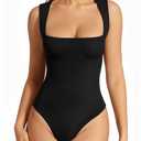 NUDESTORE Women's Square Neck Tank Top Bodysuit Sexy Double Lined Sleeveless Thong Body Suits Going Out Tops Black Medium