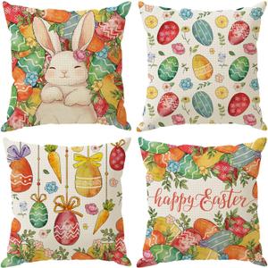 Eggs Bunny Flowers Carrots Rabbit Easter Pillow Covers Throw Pillow Cases Set of 4 Decorations for Farmhouse Home Sofa Couch Cushion Cover Party Holiday Decor 16x16 Inch