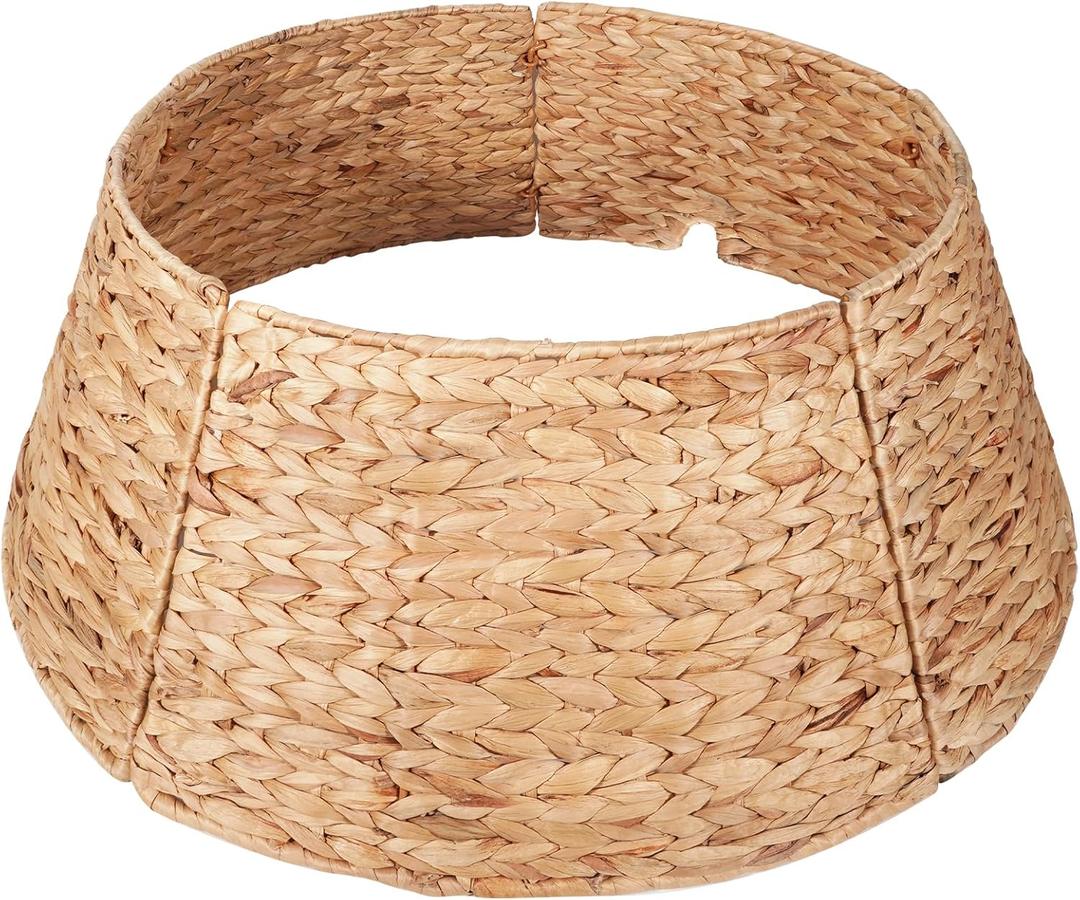 Christmas Tree Collar 28 inch with Cord Cut Out Artificial Christmas Tree Skirt Woven Water Hyacinth Large Tree Ring Base Collar Home Dcor, Natural