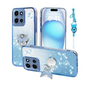 for Motorola Moto G 5G 2025 Phone Case,for Mobile Phone Case for G Play 4G 2025 Women and Girl, Glitter Butterfly Floral TPU Protective Cover with Kickstand+Strap for Moto G 5G 2025 (Blue)