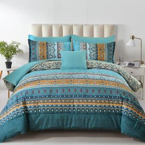 Boho King Comforter Set 8 Pieces,Teal and Yellow Bohemian Comforter Paisley Striped Bed in A Bag,Soft Microfiber Bedding Set for All Season