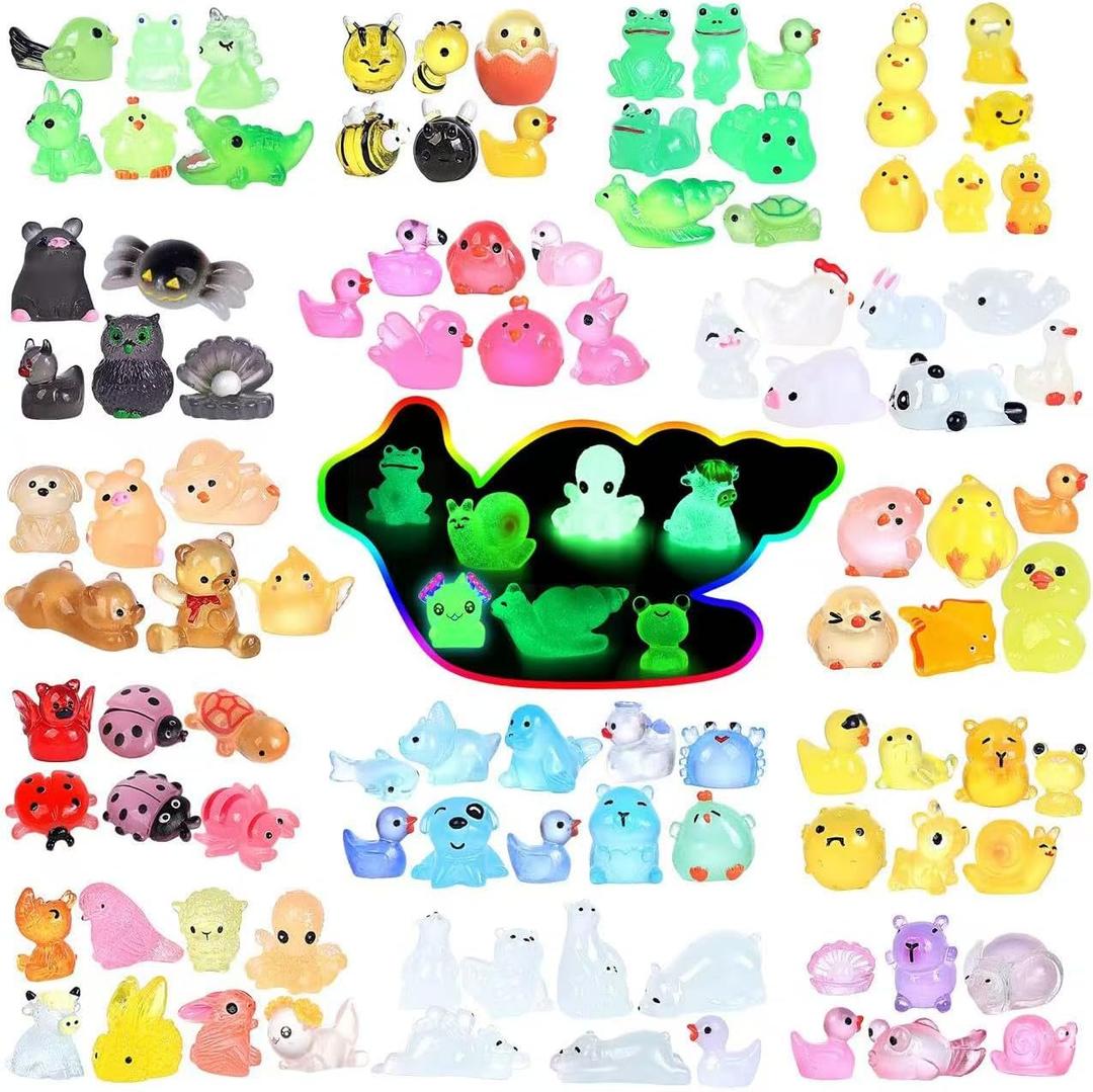 DWWPOO Luminous Mini Resin Animals 100 Pcs Glow in The Dark Resin Animals 100 Styles Miniature Fairy Garden Mini Ducks Figurines Slime Charm for Accessories Landscape Aquarium Potted Decoration