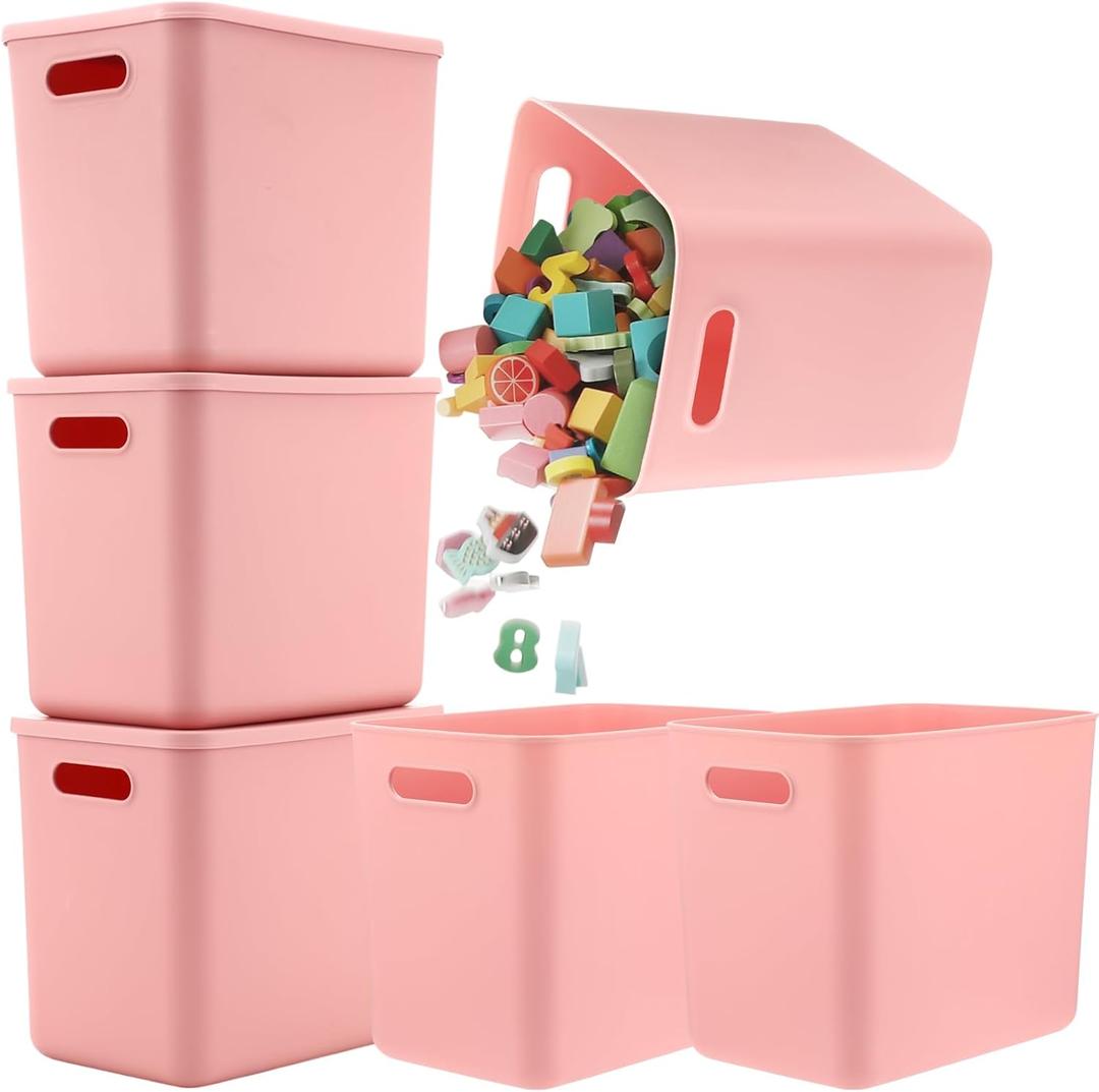 Honeydak 6 Pcs Plastic Storage Bins with Lids Plastic Storage Baskets Boxes Stackable Containers Organizer Bins for Shelves Drawer Playroom (Pink,11.81 x 9.84 x 8.07 Inch)
