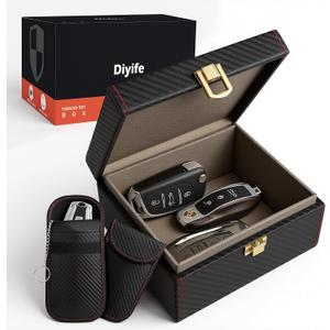 Diyife Car Key Signal Blocker Box, [5-7 Keys Capacity] 12.5 x 10.2 x 5.5cm Faraday Box for Car Keys with 2 Pack Faraday Pouch, Anti-Theft Key Fob Protector RFID Signal Blocking Cage