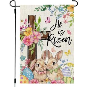 3 x CROWNED BEAUTY Easter Garden Flag He is Risen Cross Bunnies 12x18 Inch Double Sided Floral Holiday Decoration for Outdoor Lawn Yard