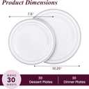 Aya's 60 Silver Rimmed Plastic Plates for Party, Heavy Duty Disposable Plate Set of 30 Dinner and 30 Dessert Plates for Weddings and Special Events, Fancy Disposable Tableware