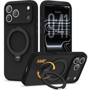 Compatible with iPhone 17 Pro Max Case 6.9'' with 360 Spin Magnetic Ring Stand[Compatible with Mag-Safe] Soft Liquid Silicone 17 Pro Max Case for Men Women,Black