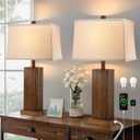 Lovlast 27.5" Wood Table Lamps Set of 2, Modern Farmhouse Bedroom Lamp for Nightstand with USB Charging Port, Natural Wooden Base Table Lamp for Living Room Bedroom, Bulbs Included (Walnut Wood)
