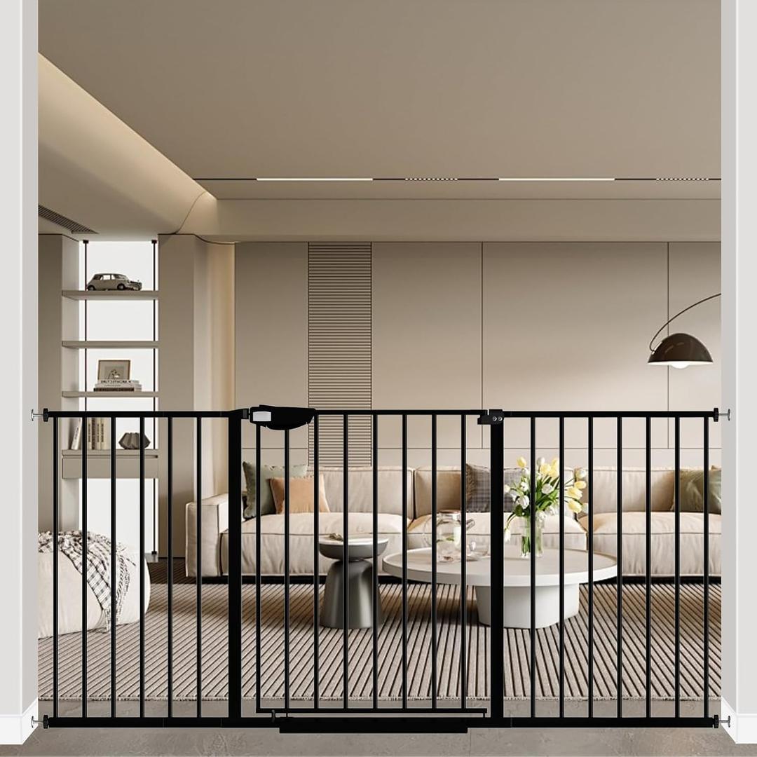 WAOWAO Triple Lock 49.21-66.54" Baby Gate Extra Wide Pressure Mounted Walk Through Swing Auto Close Safety Black Metal Dog Pet Puppy for Stairs,Doorways,Kitchen