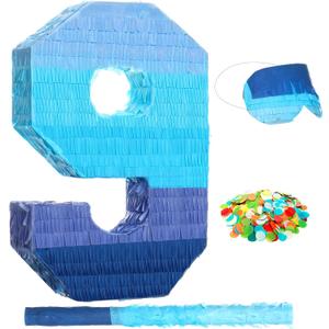 Sratte Number 1 2 3 4 5 6 7 8 9 Piata with Stick Blindfold Confetti, Gradient Blue Piata for Kids Boys Girls Birthday Party Anniversary Decorations Supplies(Number 9)