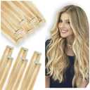 Single Clip In Hair Extensions Real Human Hair, Short Hair Extensions Clip Ins, Remy Balayage Highlight Seamless Hairpieces for Women 6 Pcs 16 Inch 40g Light Golden Brown Mixed Bleach Blonde