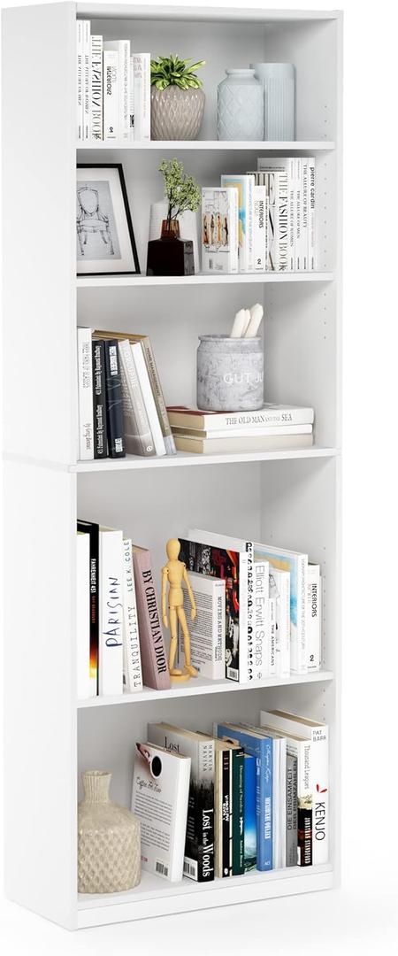 Furinno Jaya Book Shelf, 5-Tier Bookshelf, Bookcase with Adjustable Shelves, 9.5 x 24.5 x 71.2, for Organization and Storage, for Living Room, Bedroom, Home Office, White