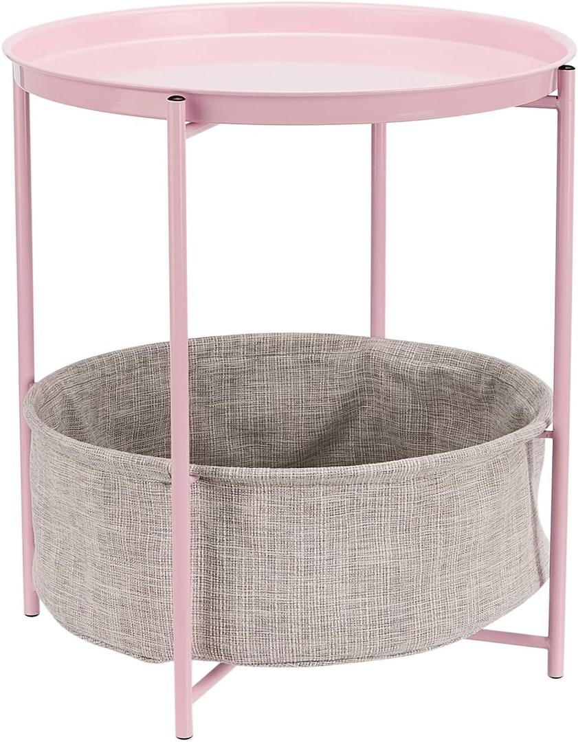 Amazon Basics Round End Table with Storage Bin, Easy Assembly, Bedroom Accent Table, 17.7"D x 17.7"W x 18.9"H, Dusty Pink | Side Table, with Cloth Basket, Storage