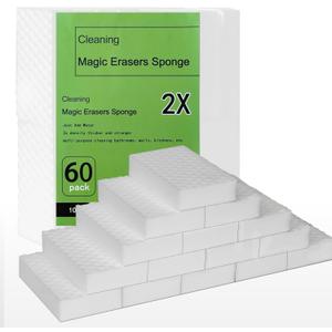 2 x Magic Eraser Sponges 60 Pack, Extra Dense (2X Density), Heavy Duty Cleaning Sponges for Kitchen, Bathroom, Wall, Melamine Foam Pads for Tough Stains, No Scratching
