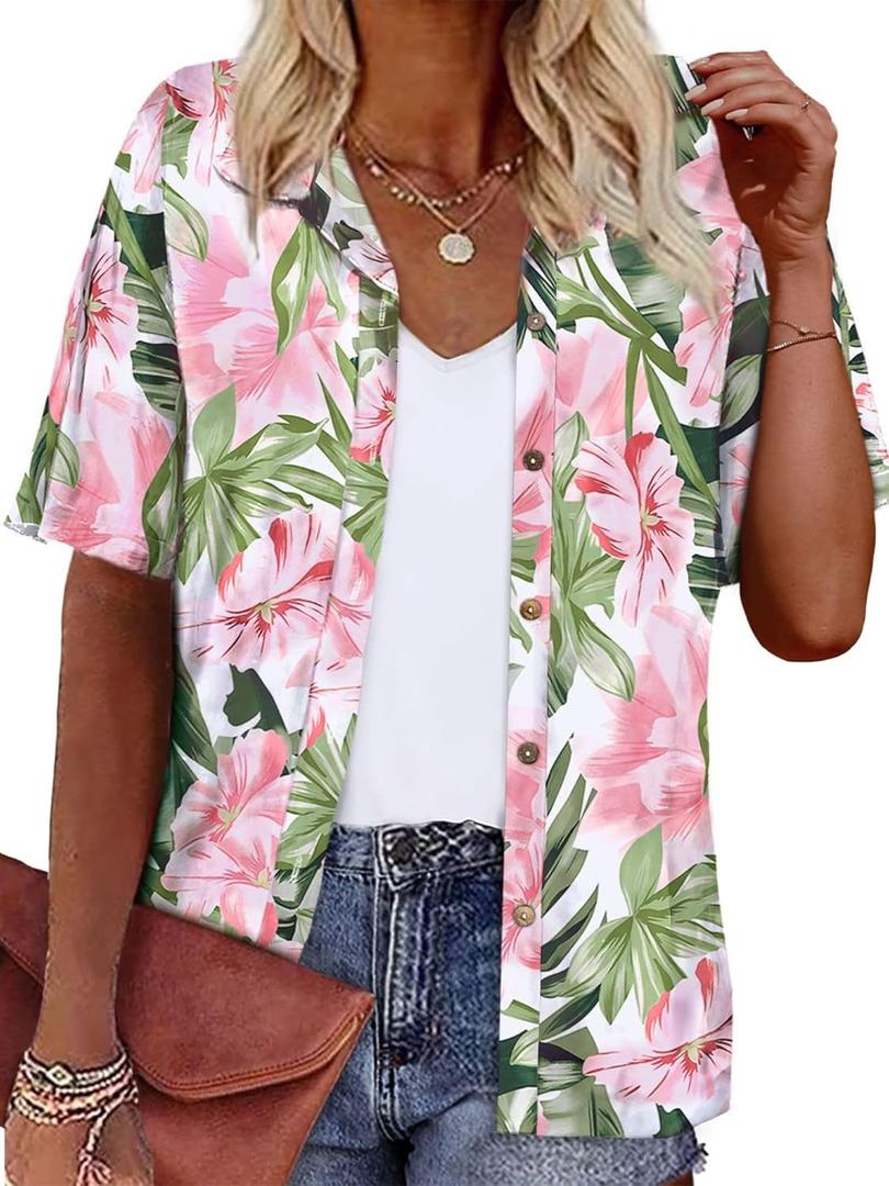 LILYCHIC Women's Hawaiian Shirts Coconut Button Summer Soft Button Down Shirts Short Sleeve (XXL)
