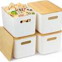 Ohmlove 2 Packs Storage Bins with Bamboo Lids - Plastic Storage Containers with Lids Stackable Storage Box：Storages Baskets for Organizing Desktop Closet Playroom Classroom Office,White