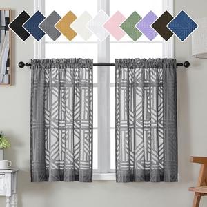 Simplebrand Grey Sheer Kitchen Curtains 36 Inch Length Tier Curtains 2 Panels, Light Filtering Geometric Jacquard Clip Textured Semi Sheer Curtains Short Window Curtains for Bathroom, 42x36 inch, Charcoal Grey 