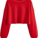 SweatyRocks Women's Casual Long Sleeve Raw Hem Pullover Crop Tops Sweatshirts (Red, S)