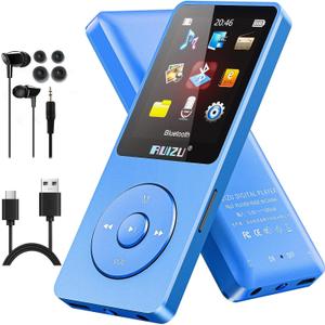 RUIZU 64GB MP3 Player with Bluetooth 5.3, Weight 0.055 lbs, Portable Music Player for Kids, Sports, FM Radio, Voice Recorder, 80 Hours Digital Audio Shuffle Playback, Support 128GB Micro SD Card, Blue