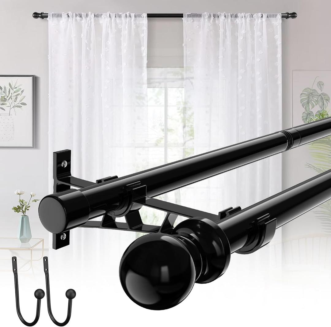 Black Double Curtain Rods for 30in-65in Windows with Brackets and Curtain Clip,1Inch Heavy Duty Dual Curtain Rod, Adjustable Decorative Curtain Rod for Window,Bathroom,Patio,Bedroom,Sliding Glass,Door