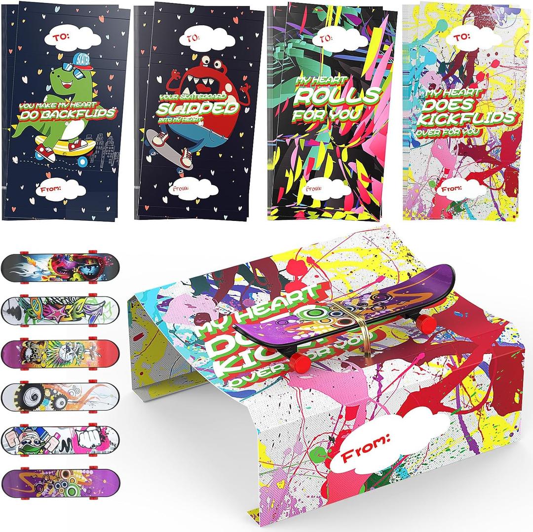 Feltom 28 Pack Valentines Day Gifts for Kids - Mini Finger Skateboard with Valentine's day Greeting cards for kids, Fingerboard Skate Lovers Classroom Valentine's Party Favor, Exchange Prizes Gift (Black)
