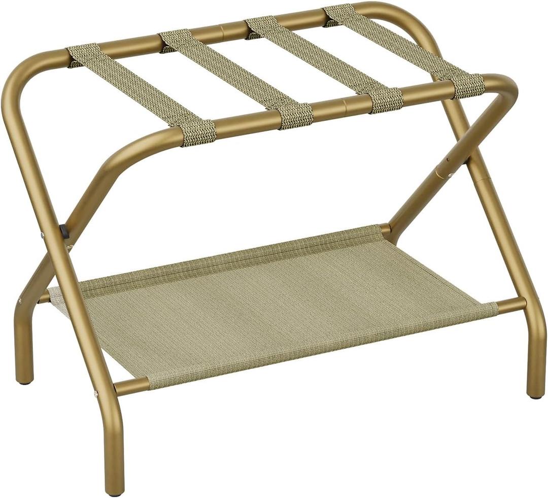 Gold Luggage Racks with Fabric Shelves - Heavy Duty Folding Suitcase Stand Holds 110lbs, Portable Bedroom & Hotel Storage Stands, Easy Assembly Steel Frame