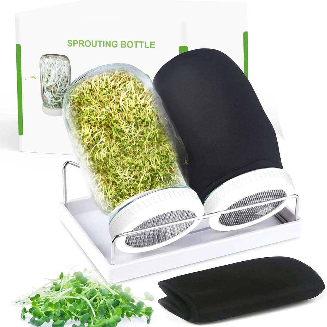 Organic Seed Sprouting Jar Kit 2 32 oz Wide-Mouth Mason Jars with Stainless-Steel Sprouter Lids & Stand, Blackout Sleeves, Drain Tray Grow Broccoli, Alfalfa & Bean Microgreens